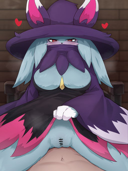 anthro anthro_focus blue_body blue_fur clothed clothing clothing_lift dress dress_lift female female_focus fur genitals hat headgear headwear heart_symbol kemono palmorph red_eyes solo_focus straddling vulva witch_hat yonaga palworld pocketpair katress mammal pal_(species) 2024 3:4 censored hi_res
