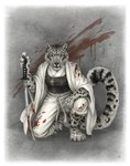2021 4_toes 5_fingers anthro black_spots breasts clothed clothing deyvarah digital_media_(artwork) digitigrade feet felid female fingers fur grey_body grey_fur holding_object holding_sword holding_weapon looking_at_viewer mammal markings melee_weapon pantherine snow_leopard solo spots spotted_body spotted_fur sword toes weapon whiskers