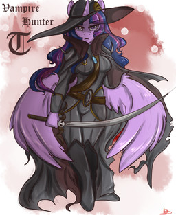 anthro anthrofied clothing female fur hair hat headgear headwear horn hunter melee_weapon multicolored_hair purple_body purple_fur purple_hair solo sparkles suit sword two_tone_hair weapon wide_hips geeflakes friendship_is_magic hasbro my_little_pony mythology twilight_sparkle_(mlp) equid equine mammal mythological_creature mythological_equine unicorn vampire 2014 hi_res