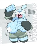5_fingers accessory angry anthro beak big_breasts blue_body blue_feathers breast_focus breasts cleavage clothed clothing covering covering_breasts covering_self dialogue eyewear feathers feet female fingerless_gloves fingers fist glasses gloves hair hair_accessory hand_on_breast handwear huge_breasts legwear open_beak open_mouth raised_fist raised_hand round_glasses shirt slightly_chubby slightly_chubby_anthro slightly_chubby_female solo speech_bubble text thick_thighs thigh_highs tied_hair tight_clothing toes tongue topwear torn_clothing torn_shirt torn_topwear wardrobe_malfunction winged_arms wings yelling yelling_at_another doodledox verity_(doodledox) avian bird 2024 colored english_description english_text half-length_portrait portrait shaded