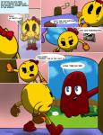 ambiguous_gender clothed clothing crossdressing dialogue duo ellipsis footwear handwear inside looking_at_mirror looking_at_object male mirror naughty_face not_furry open_mouth open_smile red_body shoes smile speech_bubble surprise text tongue yellow_body glibglob bandai_namco pac-man_(series) blinky_(pac-man) ms._pac-man pac-man ghost spirit waddling_head 2019 absurd_res comic digital_media_(artwork) english_text hi_res