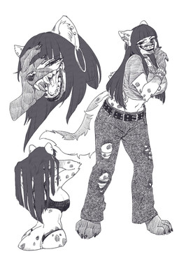 bangs belt big_breasts bottomwear bra bracelet breasts claws clothing crop_top denim denim_bottomwear denim_clothing ear_piercing ear_ring female inner_ear_fluff jeans jewelry looking_at_viewer midriff navel open_mouth panties pants paws piercing ring_piercing shirt simple_background smile solo t-shirt tail topwear torn_bottomwear torn_clothing torn_pants tuft underwear namamekasumi hyena mammal 2025 absurd_res hi_res monochrome portrait sketch_page