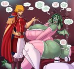 anthro biped breasts cleavage clothed clothing cobatsart dialogue dragon duo female green_body hi_res human male mammal mythological_creature mythological_scalie mythology scalie speech_bubble tail