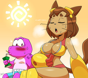 anthro beverage bikini black_nose blush bodily_fluids breasts brown_hair cleavage clothed clothed_anthro clothed_female clothed_male clothing dialogue drinking duo eyebrows eyelashes eyes_closed eyewear eyewear_on_head female female_anthro goggles goggles_on_head hair holding_beverage holding_object juice_(beverage) juice_box male male_anthro navel open_mouth purple_eyes short_hair sweat sweatdrop sweaty_face swimming_trunks swimwear tail text two-piece_swimsuit unzipped whiskers zipper zipper_bikini aeolus06 gameoverse glitch_productions gobbles_(gameoverse) kit_bodega dinosaur domestic_cat felid feline felis mammal prehistoric_species reptile scalie 2026 digital_media_(artwork) english_text hi_res