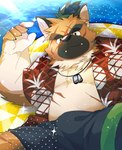 aloha_shirt anthro belly bottomwear brown_body brown_fur bulge clothing eyebrows fur male musclegut muscular pattern_clothing pattern_shirt pattern_topwear pecs scar shirt shorts solo swim_ring swimwear thick_eyebrows topwear water boar_stag144 lifewonders tokyo_afterschool_summoners yasuyori_(tas) canid canine canis domestic_dog mammal absurd_res hi_res