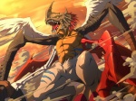 anthro bone fangs feathered_wings feathers fur fusion horn male markings open_mouth solo teeth wings arainobu bandai_namco digimon digimon_adventure_02 chimera chimeramon digimon_(species) hybrid kimeramon monster