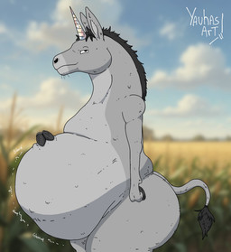 ambiguous_gender anthro belly big_belly black_hair grass grey_arms grey_belly grey_body grey_legs grey_tail hair hand_on_belly horn looking_at_viewer overweight plant solo tail yauhasart asinus donkey equid equine mammal 2026 flat_colors hi_res watermark