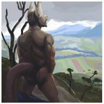 anthro back_muscles beard biceps blue_bottomwear blue_clothing blue_pants bodily_fluids bottomwear bottomwear_down butt clothed clothing facial_hair genital_fluids male mature_male mountain open_mouth outside pants pants_down partially_clothed peeing plant public public_nudity sky skyscape solo standing topless tree urine urine_stream brokowski kangaroo macropod mammal marsupial 2022 painting_(artwork)