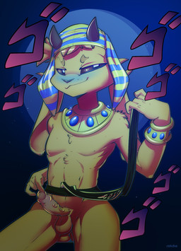 anthro athletic athletic_anthro athletic_male balls big_ears black_sclera bracelet egyptian erection floppy_ears foreskin full_moon genitals gold_(metal) headdress horn humanoid_genitalia humanoid_penis jewelry looking_at_viewer male moon navel night nude penis smile smirk solo standing ratcha jojo's_bizarre_adventure menacing_(meme) lace_(lacethecutegoat) bovid caprine goat mammal 2021 digital_media_(artwork) hi_res meme shaded