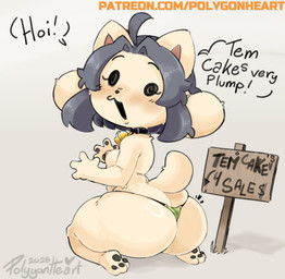 anthro bell bell_collar big_butt black_eyes blush breasts butt collar female pawpads signpost small_breasts solo text polygonheart undertale undertale_(series) temmie_(undertale) tem 2025 digital_media_(artwork) english_text url