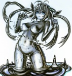 big_breasts blue_eyes breasts female genitals hair long_hair metal monster_girl_(genre) navel not_furry pussy silver_hair smile solo chikokuma goo_creature humanoid monochrome