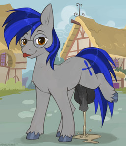 balls big_balls black_balls black_penis blue_hair bodily_fluids casual_urination cutie_mark day detailed_background feral flaccid fur genital_fluids genitals grey_body grey_fur hair hooves huge_balls looking_at_viewer male medial_ring outside pee_on_ground peeing penis ponyville public public_urination solo urine watersports marsminer hasbro my_little_pony equid equine horse mammal 2026 hi_res