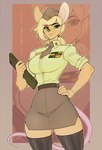 anthro blonde_hair bottomwear breasts clothing female fur green_eyes hair hat headgear headwear legwear military_hat military_uniform necktie shirt skirt stockings tablet_computer tan_body tan_fur thigh_highs topwear uniform wmdiscovery93 mammal mouse murid murine rodent hi_res