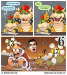 anthro bowser bowser_jr. clothing comic dialogue dr._kawashima english_text explosion fire game_and_watch generation_1_pokemon green_yoshi grey_background group human king_dedede kirby_(series) koopa male mammal mario_bros mr._game_and_watch nintendo number pikachu pokemon pokemon_(species) rodent scalie scared simple_background speech_bubble super_smash_bros. text twitter twitter_logo url yayster yoshi