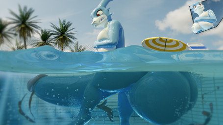 anthro balls blue_body breasts butt clothing erection expansion genitals growth gynomorph hyper intersex nude penis public solo swimming_pool wardrobe_malfunction stillwaiting sintronic_(modeler) bandai_namco digimon digimon_(species) flamedramon 16:9 3d_(artwork) digital_media_(artwork) hi_res widescreen