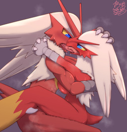 anthro biped blue_eyes blush claws duo female french_kissing fur kissing larger_male male male/female multicolored_body multicolored_fur pupils red_body red_fur red_tail short_tail side_view simple_background size_difference tail white_body white_fur yellow_body yellow_fur yellow_sclera vcrow_shuu nintendo pokemon blaziken generation_3_pokemon pokemon_(species) absurd_res hi_res