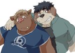 anthro belly black_nose blush brown_body brown_fur clothed clothing duo fur humanoid_hands kemono male overweight overweight_male shirt simple_background topwear white_background train_(artist) canid canine canis domestic_dog mammal suid suina sus_(pig) wild_boar 2019