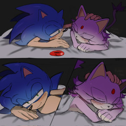 accessory anthro bed bed_sheet bedding blush content_smile duo female furniture hair_accessory hair_down hand_on_head hero loving_gaze lying male male/female on_front princess purring romantic romantic_ambiance romantic_couple royalty sleeping smile yeoon sega sonic_the_hedgehog_(series) blaze_the_cat sonic_the_hedgehog domestic_cat eulipotyphlan felid feline felis hedgehog humanoid mammal 1:1 hi_res
