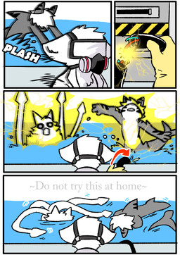 anthro clothing coat electrocution fur gas_mask gloves grey_body group handwear lab_coat latex latex_clothing latex_gloves latex_handwear male mask stripes topwear unconscious water white_body white_fur fchicken changed_(video_game) dr._k_(changed) squid_dog_(changed) tiger_shark_(changed) aquatic canid canine canis fish goo_creature mammal shark 2018