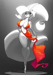 anthro big_breasts black_body black_fur breasts cleavage clothed clothing dress female footwear fur grey_background grey_eyes hair shoes simple_background solo spotlight white_body white_fur white_hair conditional_dnp jollyjack daphne_dress chloe_sinclaire mammal mephitid skunk