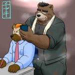 anthro black_nose blush bottomwear brown_body bulge clothing duo kemono male male/male musk necktie pants shirt slightly_chubby topwear towel towel_around_neck ch_ia_ki bear hyena mammal 1:1 2023 absurd_res hi_res