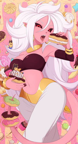 bare_shoulders big_breasts black_nails black_sclera breasts candy clothed clothing colored_nails confetti dessert doughnut female food hair holding_food holding_object humanoid_pointy_ears long_hair nails navel not_furry open_mouth pastry pink_body pink_skin pointy_ears red_eyes solo standing teeth text white_hair merunyaa dragon_ball dragon_ball_fighterz android_21 majin_android_21 alien alien_humanoid humanoid majin 2018 digital_media_(artwork) english_text hi_res signature
