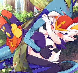 3_fingers 5_fingers anthro blue_arms blue_hand blue_tail blush blush_lines bodily_fluids bottomwear breasts brown_eyes clothing duo eyes_closed facial_markings featureless_breasts feet female fingers fluffy fluffy_tail forest_background from_front_position fur genitals gloves_(marking) grass hair half-closed_eyes head_markings hindpaw leg_markings long_tail looking_pleasured lying male male/female markings missionary_position multicolored_body multicolored_skin narrowed_eyes on_back open_mouth outside pants paws plant red_hair scarf sex socks_(marking) sweat sweatdrop tail tree vulva white_arms white_body white_fur white_hand white_tail yellow_inner_ear yellow_scarf prrrrrrmine nintendo pokemon cinderace generation_8_pokemon inteleon pokemon_(species) 2026 absurd_res colored full-length_portrait hi_res portrait