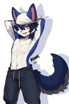 anthro blue_body blue_fur bottomwear clothed clothing fur hands_behind_head kerchief male open_mouth pants simple_background solo topless topless_anthro topless_male white_background white_body white_fur pgm300 knox mammal 2022 digital_media_(artwork) hi_res shaded