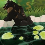 anthro balls brown_body brown_fur butt claws evergreen_tree feet forest fur genitals grass lily_pad looking_back male nude outside pawpads paws pine_tree plant presenting smile solo swimming toes tree water wet likanen potaci bear brown_bear grizzly_bear mammal ursine 1:1 absurd_res hi_res