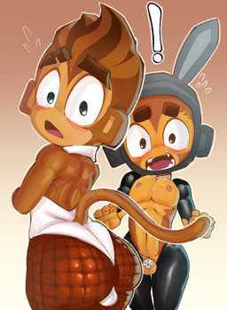 anthro blush bunny_costume casual_chastity casual_exposure chastity_cage chastity_device clothing costume duo fangs femboy fishnet_clothing fishnet_legwear flat_chastity_cage legwear looking_at_viewer male nipples reverse_bunny_costume surprised teeth unwanted_exposure monkiebrained bloons_tower_defense ninja_kiwi benjamin_(bloons) quincy_(bloons) haplorhine mammal monkey primate hi_res