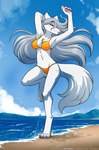 anthro beach bikini blush clothing dancing digitigrade female fur hair long_hair pawpads pink_nose pink_pawpads solo swimwear text two-piece_swimsuit water white_body white_fur white_hair conditional_dnp tom_fischbach twokinds raine_silverlock canid canine canis keidran mammal wolf absurd_res adobe_photoshop_(artwork) digital_media_(artwork) hi_res url