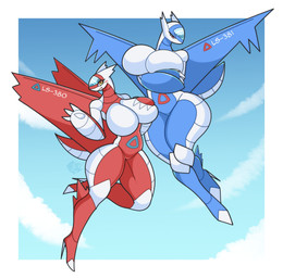 amber_eyes anthro big_breasts blue_body body_writing border breasts clothing crossed_arms crossgender curvy_figure duo featureless_breasts featureless_crotch female flying footwear gesture glass grumpy happy high_heels huge_breasts machine nude pokemorph red_body red_eyes serial_number shoes sky smile waving white_border wide_hips wings rudytheshark mythology nintendo pokemon dragon generation_3_pokemon latias latios legendary_pokemon mechanical_dragon mythological_creature mythological_scalie pokemon_(species) scalie absurd_res hi_res sibling_(lore) sister_(lore) sisters_(lore)
