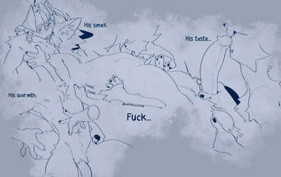 anthro athletic athletic_male ball_grab ball_tuft balls becoming_erect blush blush_lines breast_grab breasts chin_piercing circumcised duo erection eyes_closed flaccid fondling genitals glans hair hand_on_belly hand_on_breast holding_penis kissing_neck kissing_penis_tip licking licking_stomach looking_at_another looking_pleasured lying male male/male navel nipples nude nude_male on_back one_eye_closed penis piercing profanity pubes saggy_balls simple_background sniffing text tongue tremble_spikes tuft nerunaur leonardo_soleon samuel_limbo canid canine canis domestic_cat domestic_dog felid feline felis mammal english_text hi_res signature sketch