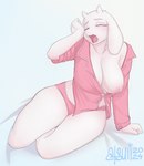 anthro bed big_breasts blue_bedding blush breasts clothing eyes_closed female fur furniture horn mature_female nipples one_breast_out open_mouth pajamas panties rubbing_eye solo underwear white_body white_fur wide_hipped_female wide_hips yawn atsuii conditional_dnp undertale undertale_(series) toriel boss_monster_(undertale) bovid caprine mammal 2024 digital_media_(artwork) hi_res signature