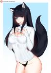 black_body black_fur black_hair breasts cleavage clothed clothing female fur hair long_hair panties solo tongue tongue_out underwear tofuubear reiko_(tofuubear) animal_humanoid canid canid_humanoid canine canine_humanoid humanoid mammal mammal_humanoid wolf_humanoid