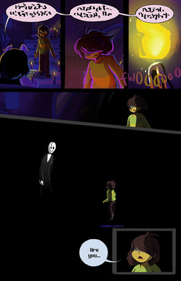 adolescent ambiguous_gender ambiguous_human anthro black_background black_clothing black_eyes black_hair book bottomwear brown_hair candle candlelight clothed clothed_human clothing dialogue drawer duo ear_piercing ear_ring female floating footwear fur gibberish hair hair_over_eyes inside light male mirror night pants piercing purple_light ring_piercing ritual shoes simple_background smile speech_bubble spellbook standing sweater text topwear white_body white_fur young lynxgriffin deltarune undertale undertale_(series) catti_cattenheimer gaster kris_dreemurr domestic_cat felid feline felis human mammal 2022 comic digital_media_(artwork) english_text hi_res lighting shaded