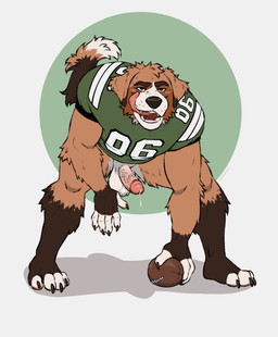 4_toes 5_fingers anthro ball balls barefoot blue_eyes blush bodily_fluids bottomless bottomless_anthro bottomless_male brown_body brown_fur clothed clothing crouching erection feet fingers football_jersey fur genital_fluids genitals glans gridiron_ball humanoid_genitalia humanoid_penis jersey licking licking_lips male male_anthro muscular muscular_anthro muscular_male penis pink_glans pink_penis precum precum_string shirt simple_background solo sweat tail tan_body tan_fur teeth toes tongue tongue_out topwear vein veiny_penis white_balls white_body white_fur labradorszn new_york_jets nfl canid canine canis domestic_dog mammal 2025 hi_res