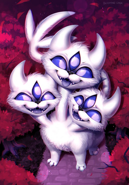3_eyes 3_heads female feral forest fur group horn multi_eye multi_head plant purple_eyes solo tree trio white_body white_fur bloominglynx deltarune undertale_(series) clover_(deltarune) monster absurd_res digital_media_(artwork) digital_painting_(artwork) hi_res painting_(artwork)