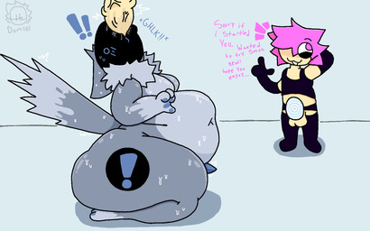 anthro armwear balls big_butt blue_penis blush bodily_fluids butt clothing duo elbow_gloves exclamation_point genitals gloves handwear legwear machine male male/male motion_lines non-euclidean_sex onomatopoeia oral overweight overweight_male penis portal_sex sex sound_effects surprised sweat text thigh_highs thinking_with_portals domlol dom_(domlol) moss_(domlol) human mammal protogen 16:10 colored english_text hi_res widescreen