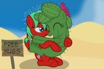 blue_eyes cactus desert duo eyes_closed female free_hugs hug outside pin_(fastener) pincushion plant poy semi-anthro sign badumsquish hasbro my_little_pony fan_character ferah_(oc) poppet_(oc) animate_inanimate elemental_creature flora_fauna monster 2020 hi_res meme