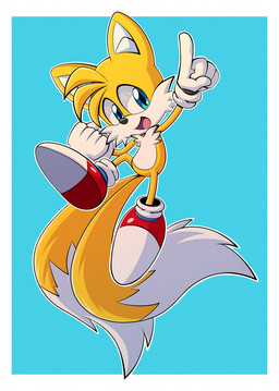 2_tails anthro bangs cheek_tuft chest_tuft clothing facial_tuft footwear fur gesture gloves hand_gesture handwear jumping male multi_tail multicolored_body multicolored_fur open_mouth pointing pose shoes simple_background solo tail tongue tuft mysteriouskaos_(artist) sega sonic_the_hedgehog_(series) miles_prower canid canine fox mammal hi_res