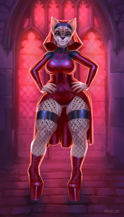 anthro boots bridge_piercing church clothing dominatrix dress facial_piercing female fishnet_clothing fishnet_legwear footwear green_eyes hand_on_hip high_heeled_boots high_heels latex latex_clothing latex_dress legwear looking_at_viewer mistress muscular muscular_anthro muscular_female nose_piercing nun nun_habit occult_symbol pentagram piercing platform_footwear platform_heels red_clothing red_dress red_footwear red_high_heels red_latex religious_clothing septum_piercing shoes solo stockings symbol thigh_highs wide_hips peeel domestic_cat felid feline felis mammal 2020 digital_media_(artwork) hi_res