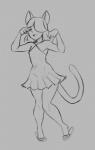 bent_wrist clothed clothing dress female grey_background hair simple_background solo thecon animal_humanoid cat_humanoid domestic_cat felid felid_humanoid feline feline_humanoid felis humanoid mammal mammal_humanoid hi_res monochrome trans_(lore) trans_woman_(lore)