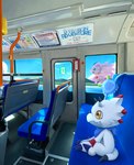 anthro blue_eyes duo female group horn inside_train kerchief male pink_body seat sitting tentacles train trio vehicle white_body yellow_eyes liliana86973943 bandai_namco digimon digimon_ghost_game digimon_(species) gammamon jellymon marineangemon scalie hi_res