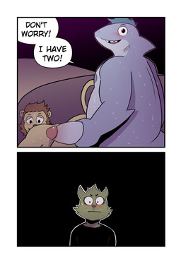 2_penises anthro bedroom_eyes black_background black_clothing black_shirt black_topwear blush bodily_fluids brown_hair clothing cute_fangs dialogue diphallism fangs flustered fur genitals gills glans green_body green_fur green_hair grey_body grey_penis group hair holding_penis humanoid_genitalia humanoid_penis looking_at_genitalia looking_at_penis male male/male multi_genitalia multi_penis narrowed_eyes neck_fin nipples non-mammal_nipples penis presenting presenting_penis seductive shirt simple_background smile smiling_at_viewer speech_bubble sweat sweatdrop teeth text topwear trio two_frame_image wide_eyed yellow_body t0l0k isaac_(t0l0k) scott_(t0l0k) ted_(t0l0k) aquatic domestic_cat felid feline felis fish lion mammal pantherine shark comic english_text hi_res multiple_scenes