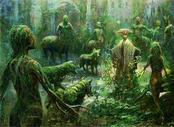 ambiguous_gender armor building butt clothing female feral group headgear helmet leaf magic male open_mouth plant robe tail seb_mckinnon hasbro magic:_the_gathering wizards_of_the_coast canid canine canis domestic_dog dryad elemental_creature elf equid equid_taur flora_fauna humanoid humanoid_taur mammal mammal_taur taur official_art