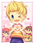 clothing group hat headgear headwear heart_eyes heart_symbol human_focus humanoid_pointy_ears male not_furry one_eye_closed pointy_ears text wink wusagi2 animal_crossing earthbound_(series) kirby_(series) nintendo the_legend_of_zelda wind_waker kirby lucas_(earthbound) ness toon_link villager_(animal_crossing) alien human humanoid hylian mammal waddling_head crossover english_text