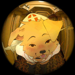 anthro bent_over black_border blush border clothed clothing detailed_background door dot_eyes eyebrows fisheye_lens fur hallway hands_behind_back hat headgear headwear holding_object inside legwear looking_at_viewer male male_anthro nurse nurse_clothing nurse_hat nurse_headwear nurse_uniform open_mouth perspective photo_background shirt simple_eyes solo standing star star_eyes syringe teeth thigh_highs tongue topwear tuft uniform thesmilingbox tom_(thesmilingbox) bird_dog canid canine canis domestic_dog golden_retriever hunting_dog mammal retriever 2023 hi_res mixed_media photography_(artwork) reaction_image signature