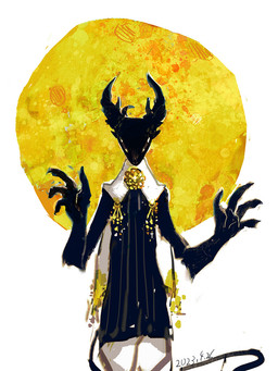 2_horns 4_fingers abstract_background ambiguous_anthro ambiguous_gender anthro black_body black_clothing cape clothed clothed_ambiguous clothed_anthro clothing fingers front_view horn narrowed_eyes solo tail hakugin monster 2023 dated portrait three-quarter_portrait