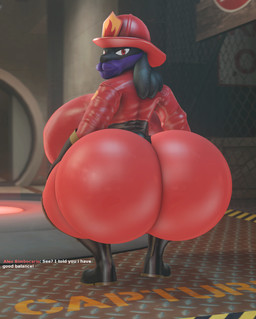 anthro big_breasts big_butt breasts butt clothing crouching dialogue female firefighter fur gloves handwear huge_breasts huge_butt hyper hyper_breasts hyper_butt latex latex_clothing lips looking_at_viewer looking_back purple_body purple_fur red_eyes solo text thick_lips thick_thighs wide_hips bimbomorph_(artist) nintendo pokemon team_fortress_2 valve alex_asora canid canine generation_4_pokemon lucario mammal pokemon_(species) 3d_(artwork) digital_media_(artwork) hi_res